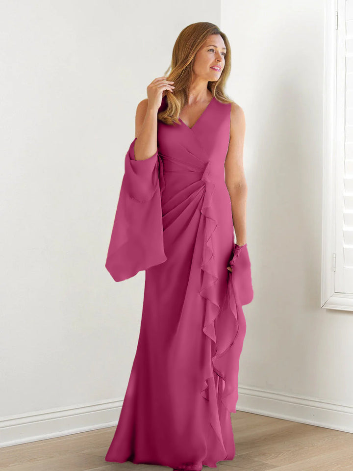Robe de Mère de la Mariée Fourreau/Colonne à Col en V Sans Manches, Longueur Au Sol, avec Enveloppes et Volants