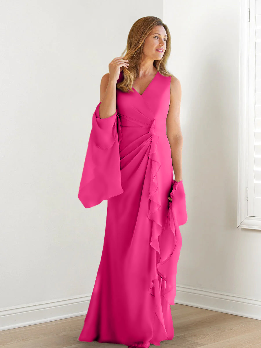 Robe de Mère de la Mariée Fourreau/Colonne à Col en V Sans Manches, Longueur Au Sol, avec Enveloppes et Volants