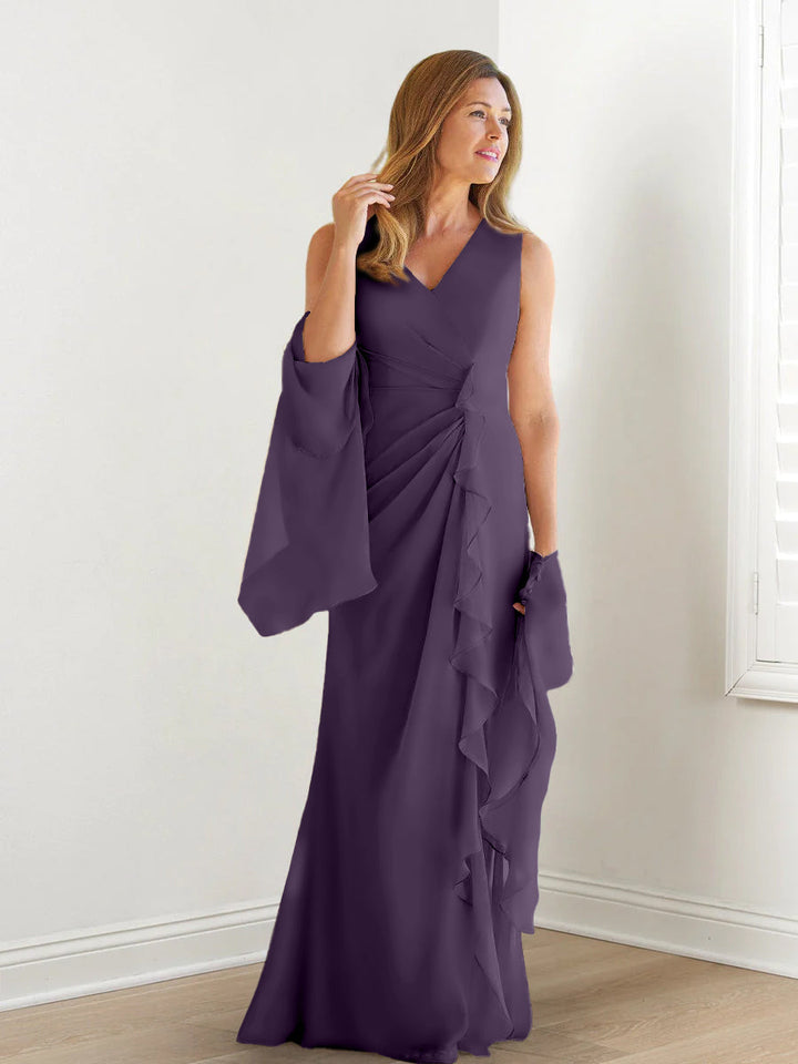 Robe de Mère de la Mariée Fourreau/Colonne à Col en V Sans Manches, Longueur Au Sol, avec Enveloppes et Volants