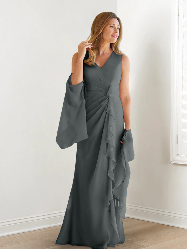 Robe de Mère de la Mariée Fourreau/Colonne à Col en V Sans Manches, Longueur Au Sol, avec Enveloppes et Volants