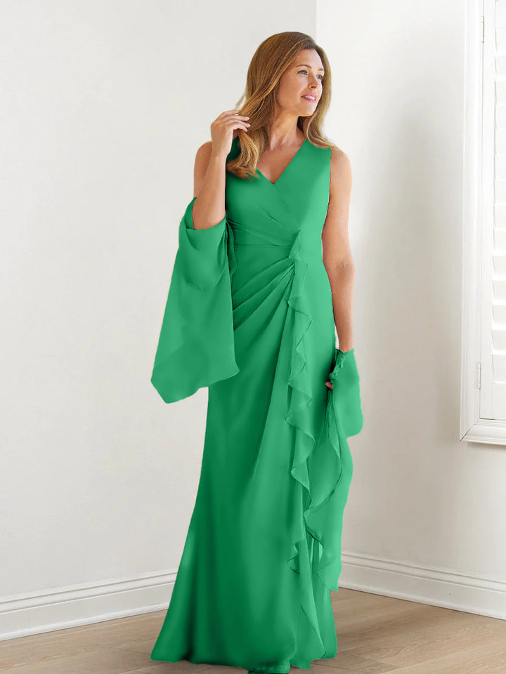 Robe de Mère de la Mariée Fourreau/Colonne à Col en V Sans Manches, Longueur Au Sol, avec Enveloppes et Volants