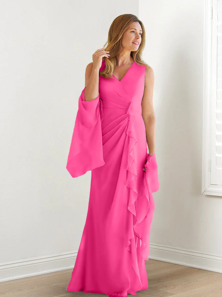 Robe de Mère de la Mariée Fourreau/Colonne à Col en V Sans Manches, Longueur Au Sol, avec Enveloppes et Volants