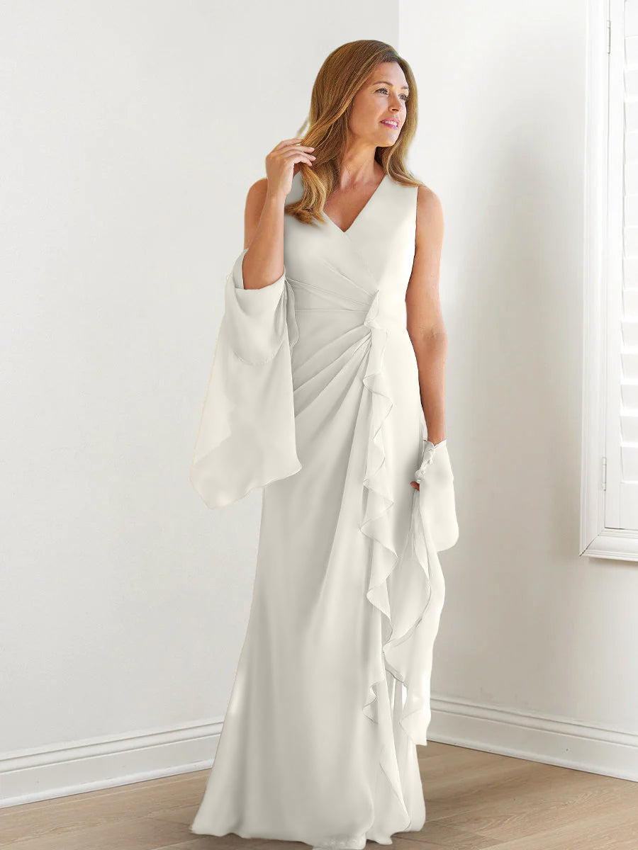 Robe de Mère de la Mariée Fourreau/Colonne à Col en V Sans Manches, Longueur Au Sol, avec Enveloppes et Volants