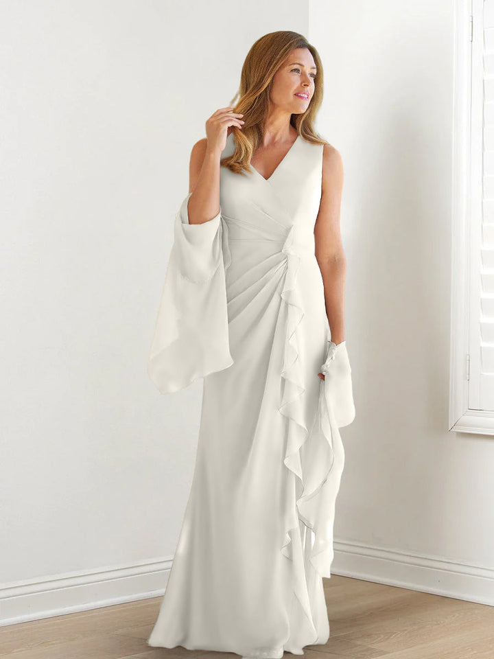 Robe de Mère de la Mariée Fourreau/Colonne à Col en V Sans Manches, Longueur Au Sol, avec Enveloppes et Volants