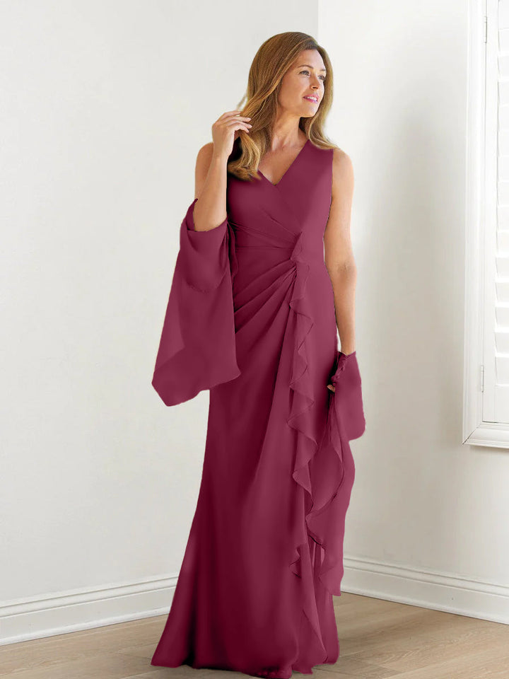 Robe de Mère de la Mariée Fourreau/Colonne à Col en V Sans Manches, Longueur Au Sol, avec Enveloppes et Volants