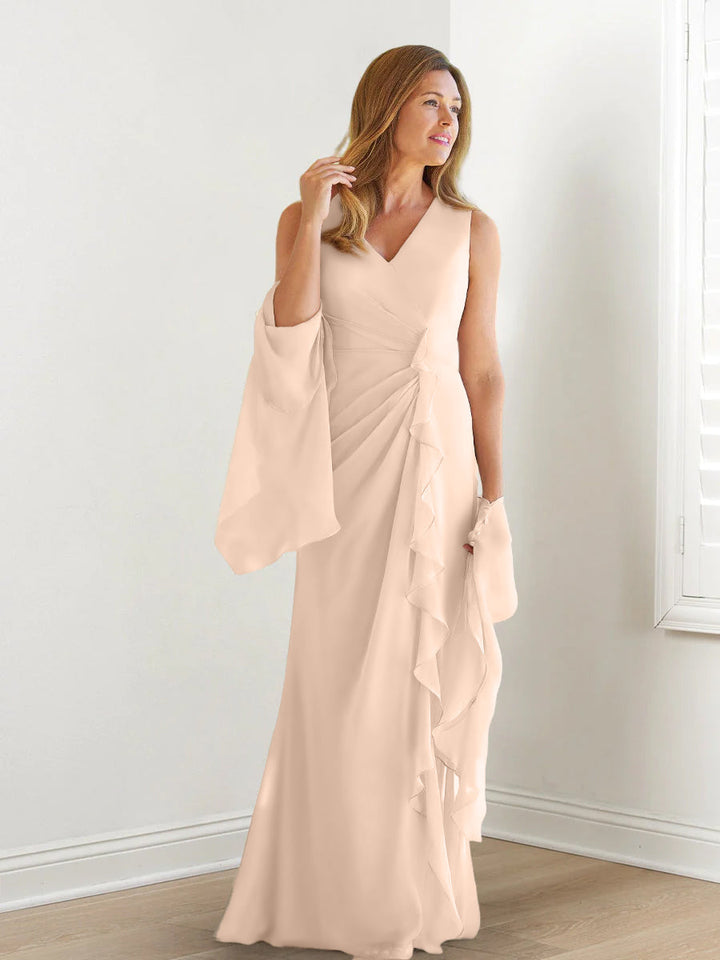 Robe de Mère de la Mariée Fourreau/Colonne à Col en V Sans Manches, Longueur Au Sol, avec Enveloppes et Volants