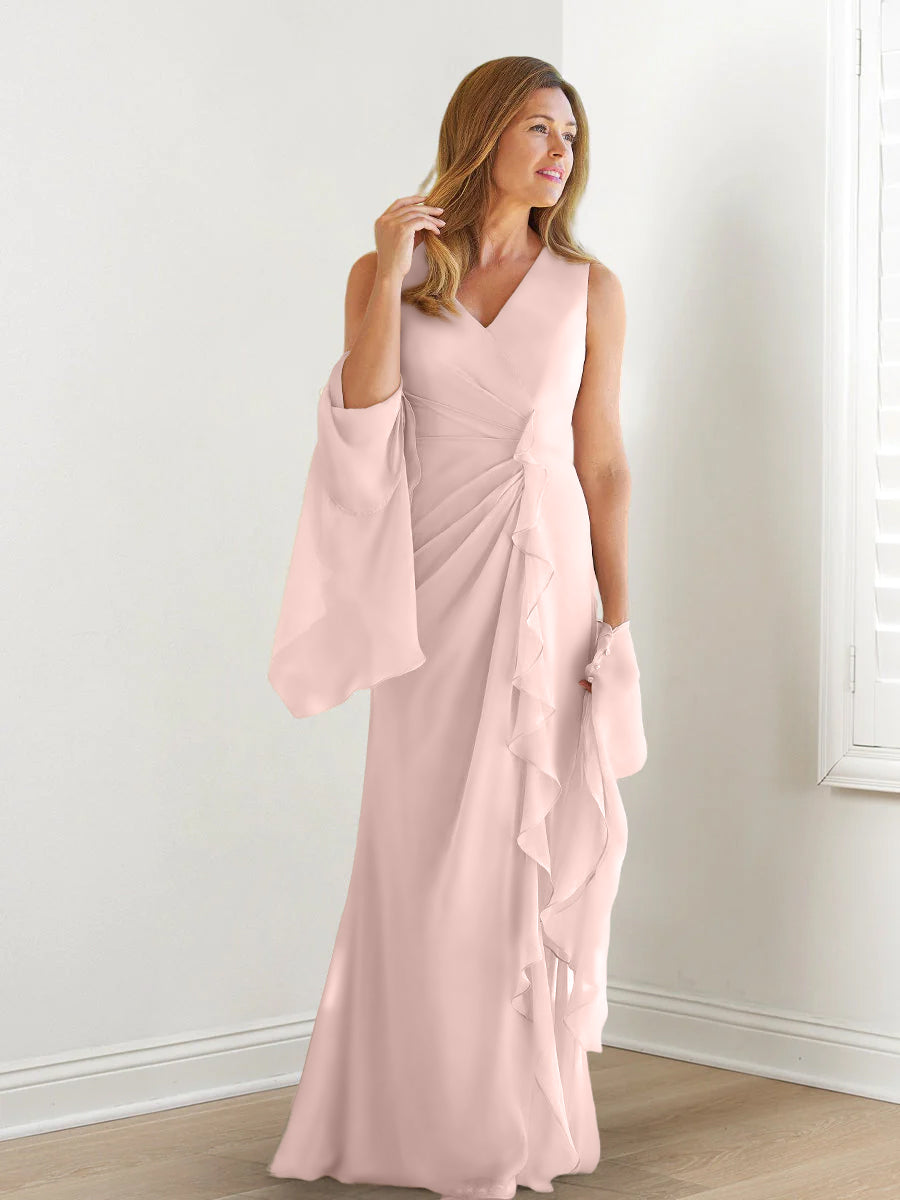 Robe de Mère de la Mariée Fourreau/Colonne à Col en V Sans Manches, Longueur Au Sol, avec Enveloppes et Volants