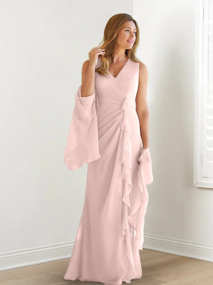 Robe de Mère de la Mariée Fourreau/Colonne à Col en V Sans Manches, Longueur Au Sol, avec Enveloppes et Volants