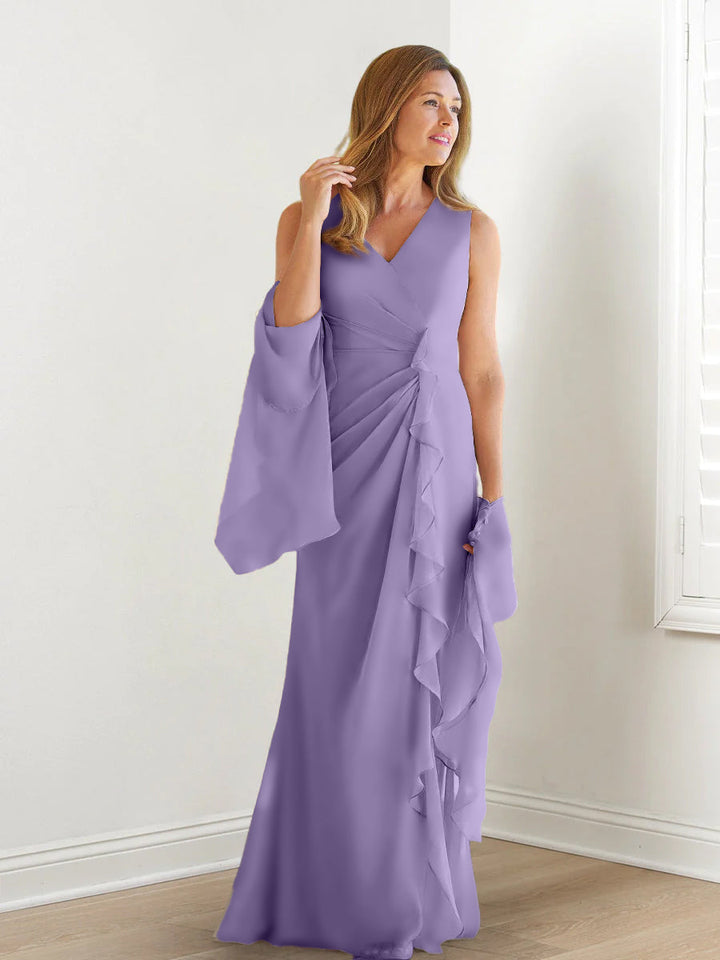 Robe de Mère de la Mariée Fourreau/Colonne à Col en V Sans Manches, Longueur Au Sol, avec Enveloppes et Volants
