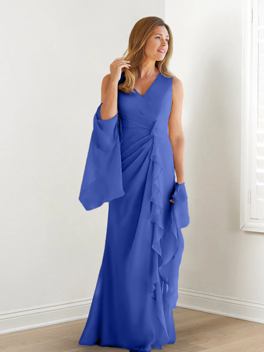 Robe de Mère de la Mariée Fourreau/Colonne à Col en V Sans Manches, Longueur Au Sol, avec Enveloppes et Volants