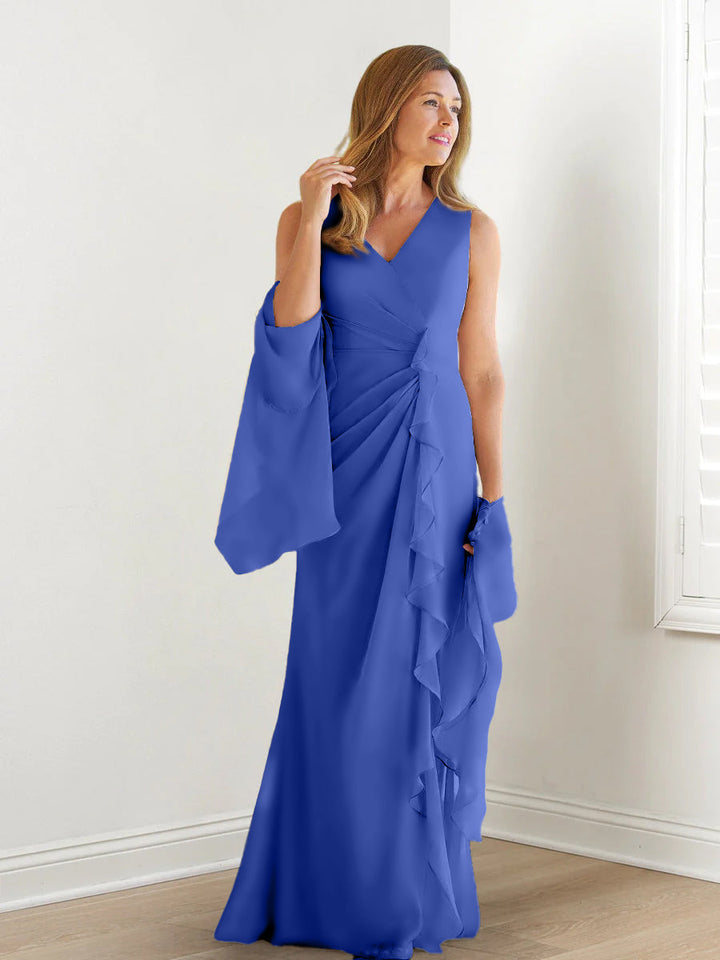 Robe de Mère de la Mariée Fourreau/Colonne à Col en V Sans Manches, Longueur Au Sol, avec Enveloppes et Volants