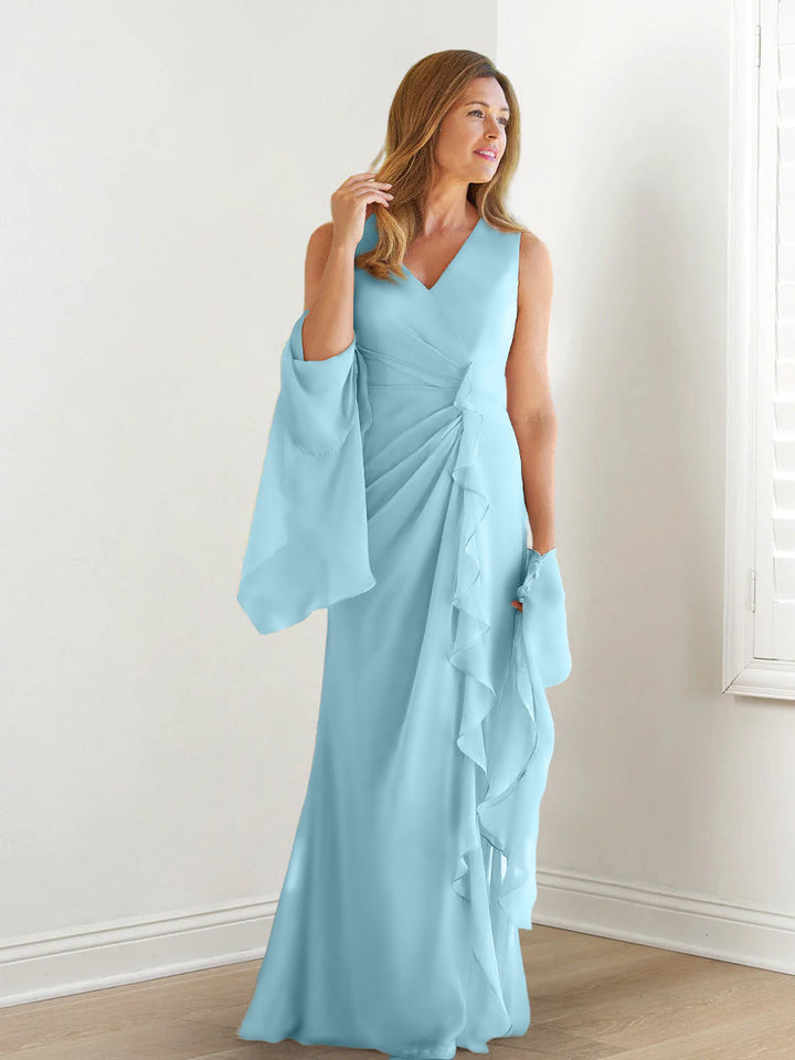 Robe de Mère de la Mariée Fourreau/Colonne à Col en V Sans Manches, Longueur Au Sol, avec Enveloppes et Volants