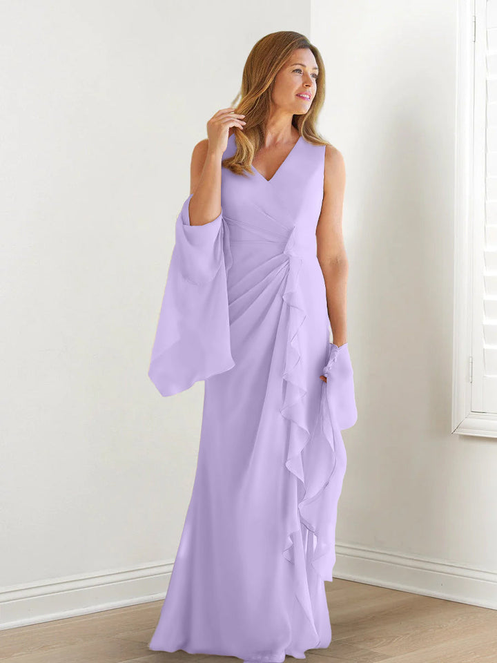 Robe de Mère de la Mariée Fourreau/Colonne à Col en V Sans Manches, Longueur Au Sol, avec Enveloppes et Volants