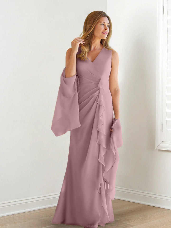 Robe de Mère de la Mariée Fourreau/Colonne à Col en V Sans Manches, Longueur Au Sol, avec Enveloppes et Volants