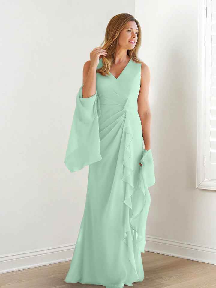 Robe de Mère de la Mariée Fourreau/Colonne à Col en V Sans Manches, Longueur Au Sol, avec Enveloppes et Volants