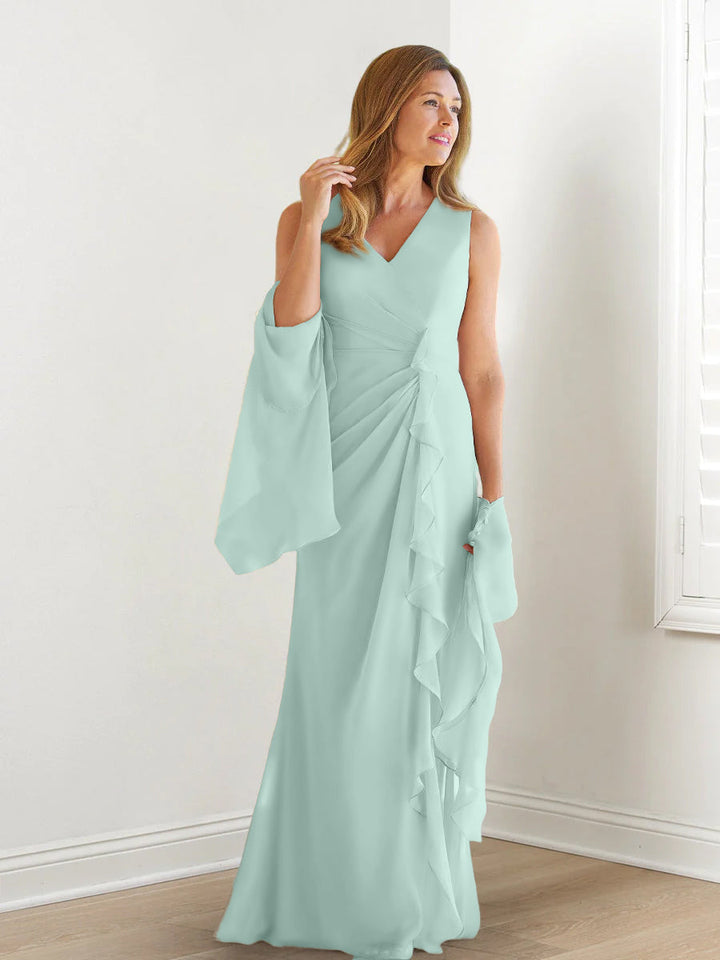 Robe de Mère de la Mariée Fourreau/Colonne à Col en V Sans Manches, Longueur Au Sol, avec Enveloppes et Volants
