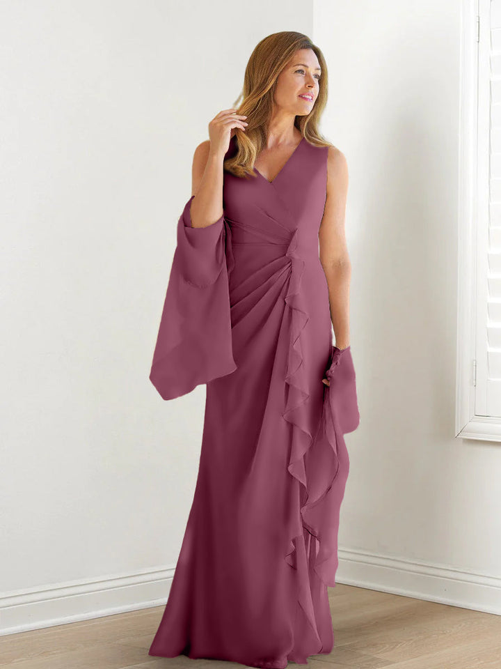 Robe de Mère de la Mariée Fourreau/Colonne à Col en V Sans Manches, Longueur Au Sol, avec Enveloppes et Volants