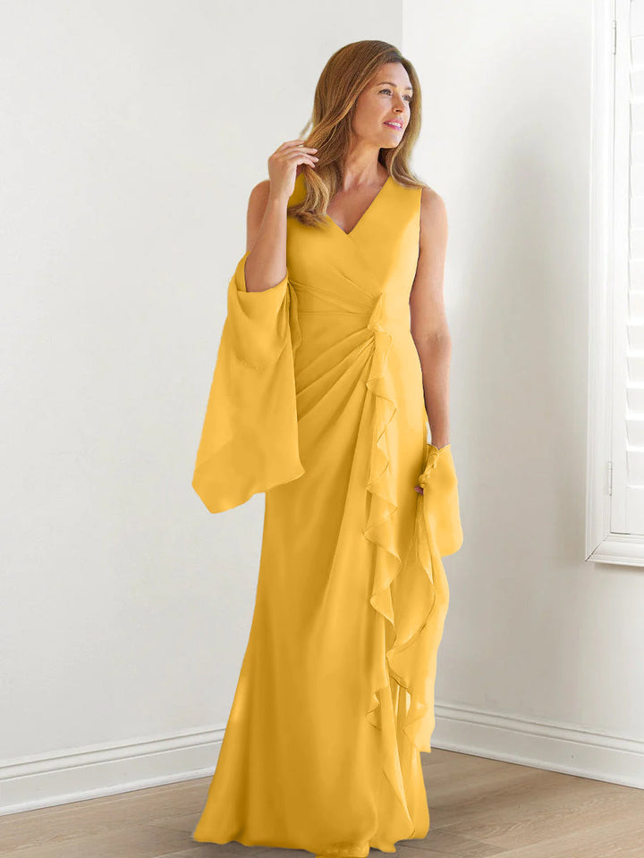 Robe de Mère de la Mariée Fourreau/Colonne à Col en V Sans Manches, Longueur Au Sol, avec Enveloppes et Volants