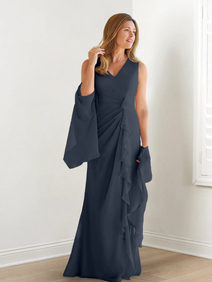 Robe de Mère de la Mariée Fourreau/Colonne à Col en V Sans Manches, Longueur Au Sol, avec Enveloppes et Volants