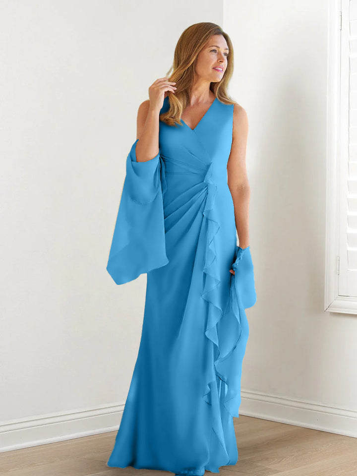 Robe de Mère de la Mariée Fourreau/Colonne à Col en V Sans Manches, Longueur Au Sol, avec Enveloppes et Volants