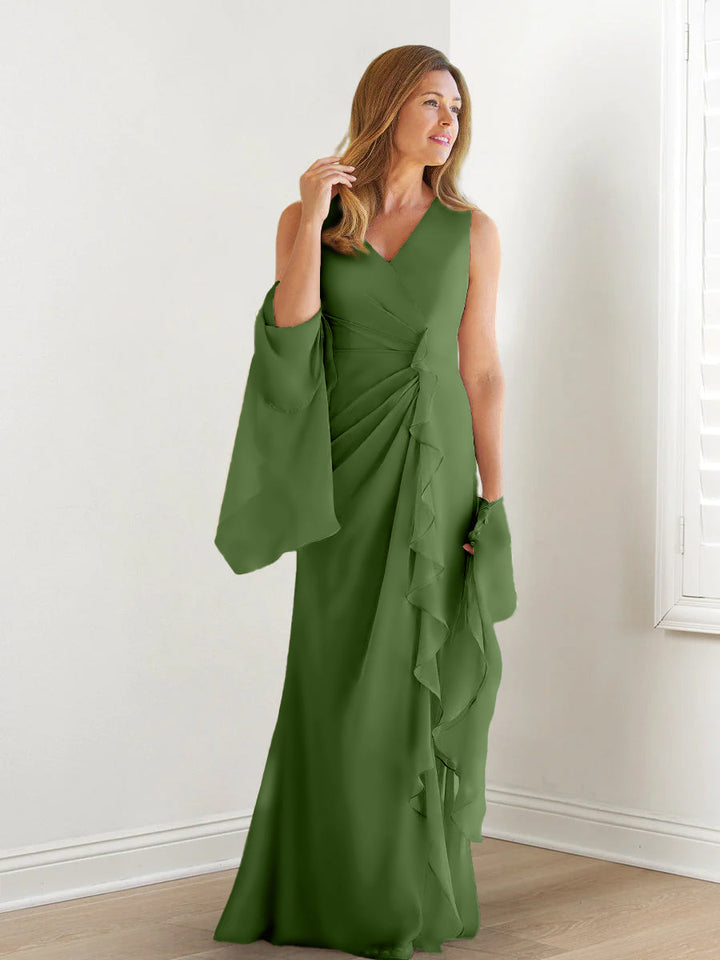 Robe de Mère de la Mariée Fourreau/Colonne à Col en V Sans Manches, Longueur Au Sol, avec Enveloppes et Volants