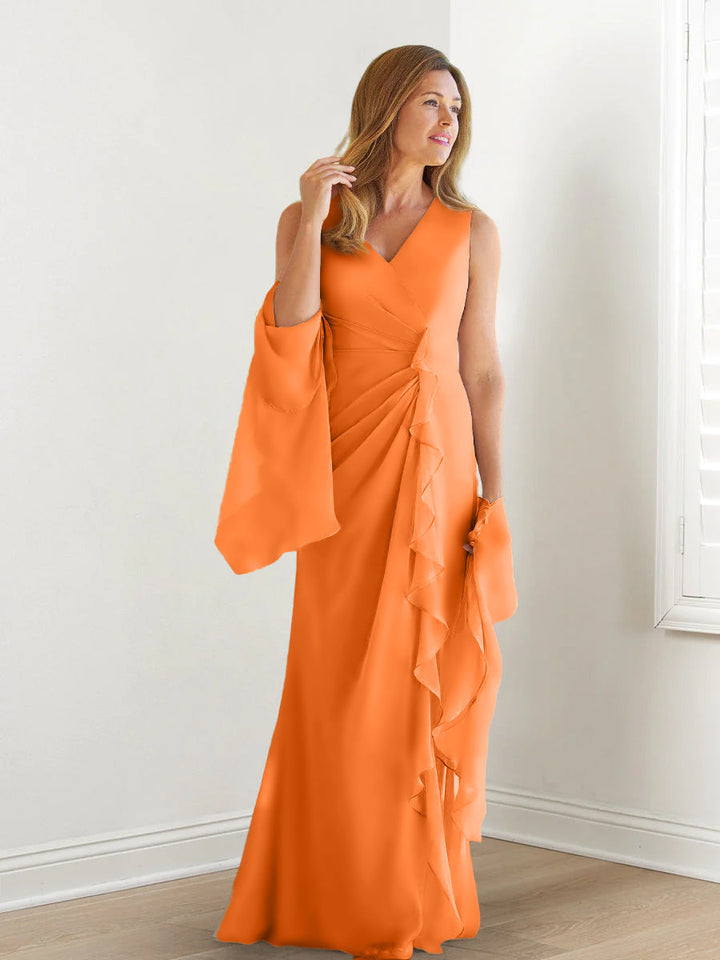 Robe de Mère de la Mariée Fourreau/Colonne à Col en V Sans Manches, Longueur Au Sol, avec Enveloppes et Volants