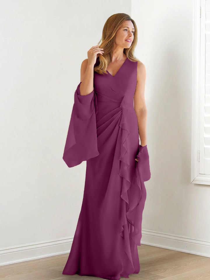 Robe de Mère de la Mariée Fourreau/Colonne à Col en V Sans Manches, Longueur Au Sol, avec Enveloppes et Volants
