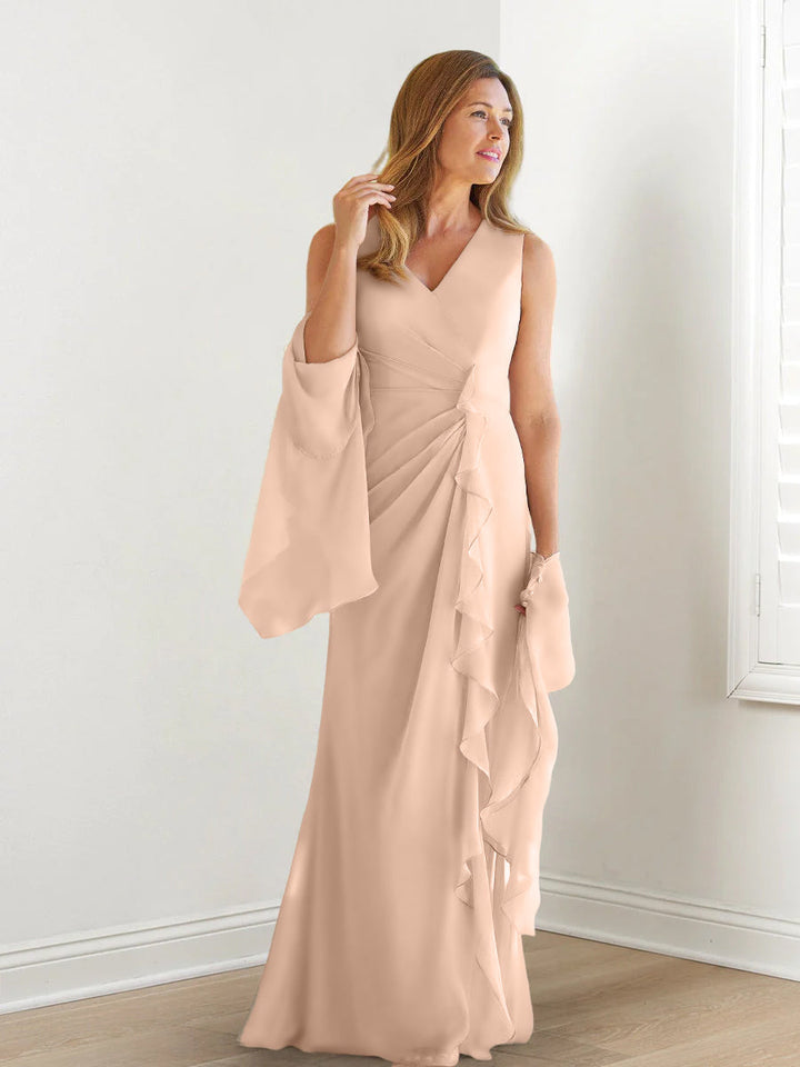 Robe de Mère de la Mariée Fourreau/Colonne à Col en V Sans Manches, Longueur Au Sol, avec Enveloppes et Volants