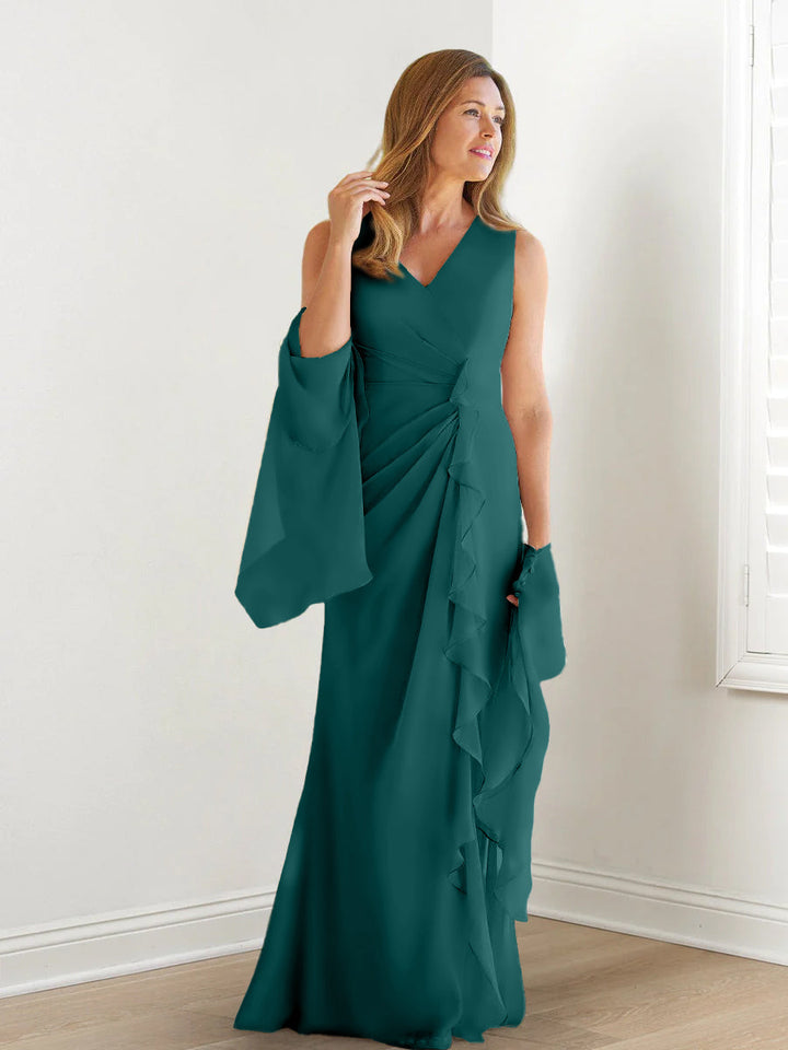 Robe de Mère de la Mariée Fourreau/Colonne à Col en V Sans Manches, Longueur Au Sol, avec Enveloppes et Volants