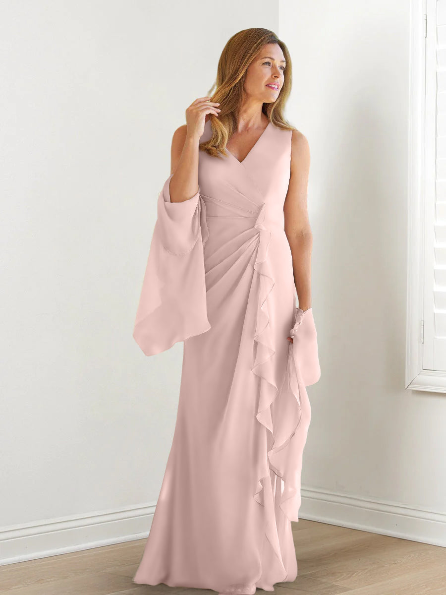Robe de Mère de la Mariée Fourreau/Colonne à Col en V Sans Manches, Longueur Au Sol, avec Enveloppes et Volants