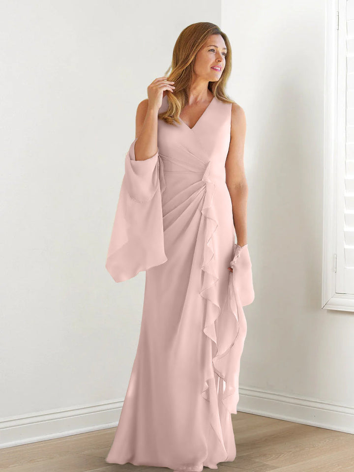Robe de Mère de la Mariée Fourreau/Colonne à Col en V Sans Manches, Longueur Au Sol, avec Enveloppes et Volants