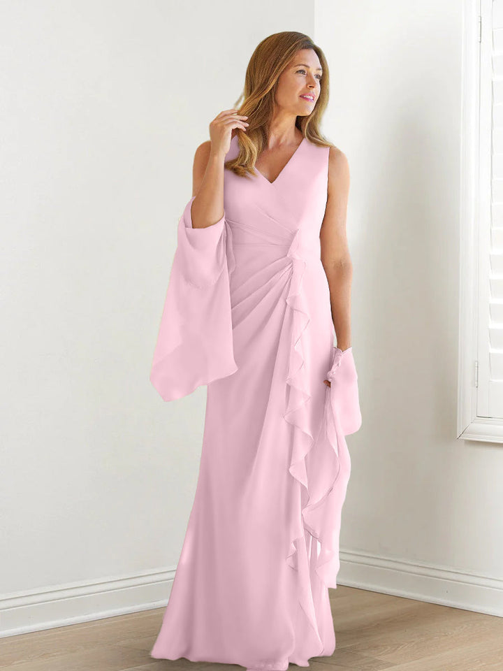 Robe de Mère de la Mariée Fourreau/Colonne à Col en V Sans Manches, Longueur Au Sol, avec Enveloppes et Volants