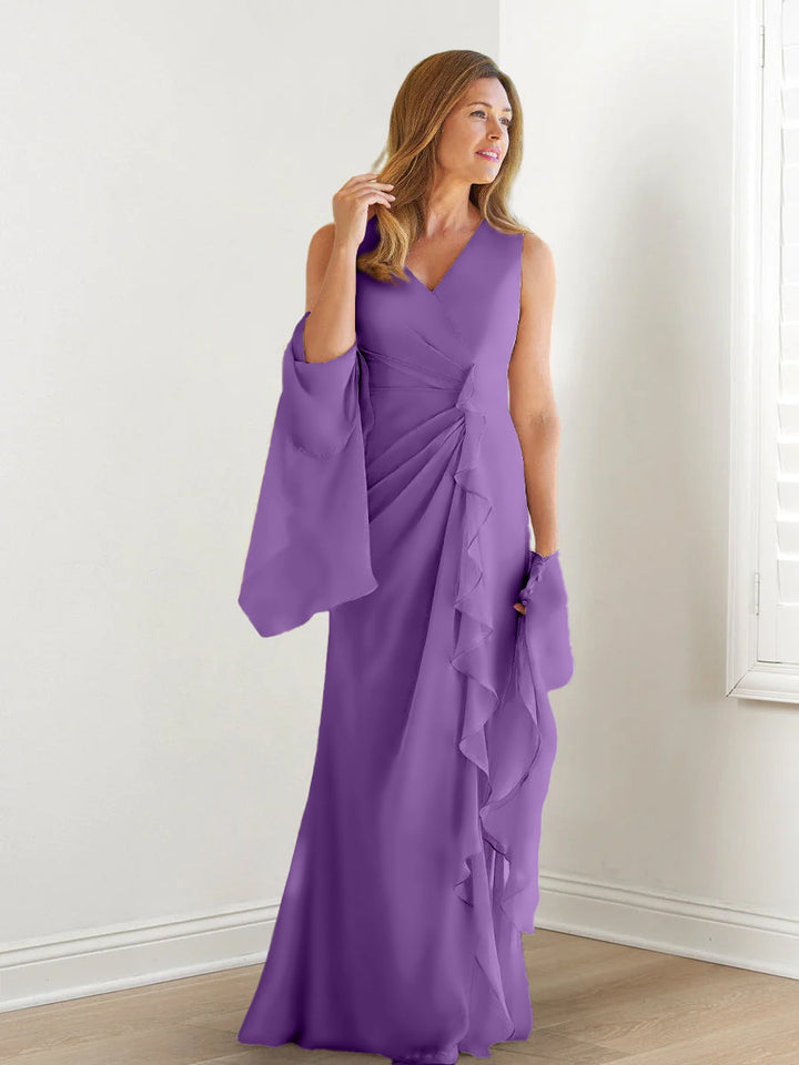 Robe de Mère de la Mariée Fourreau/Colonne à Col en V Sans Manches, Longueur Au Sol, avec Enveloppes et Volants