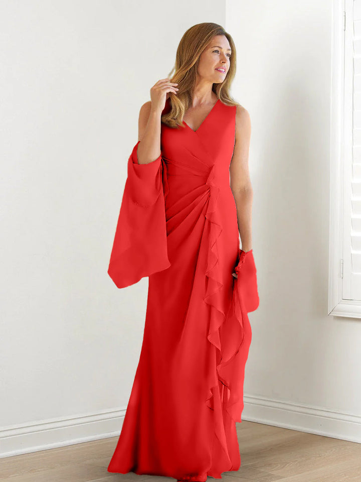 Robe de Mère de la Mariée Fourreau/Colonne à Col en V Sans Manches, Longueur Au Sol, avec Enveloppes et Volants