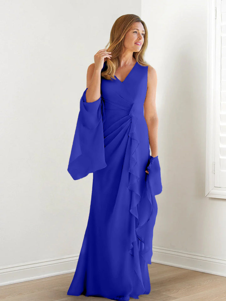 Robe de Mère de la Mariée Fourreau/Colonne à Col en V Sans Manches, Longueur Au Sol, avec Enveloppes et Volants