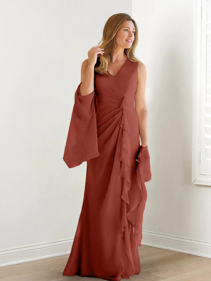 Robe de Mère de la Mariée Fourreau/Colonne à Col en V Sans Manches, Longueur Au Sol, avec Enveloppes et Volants