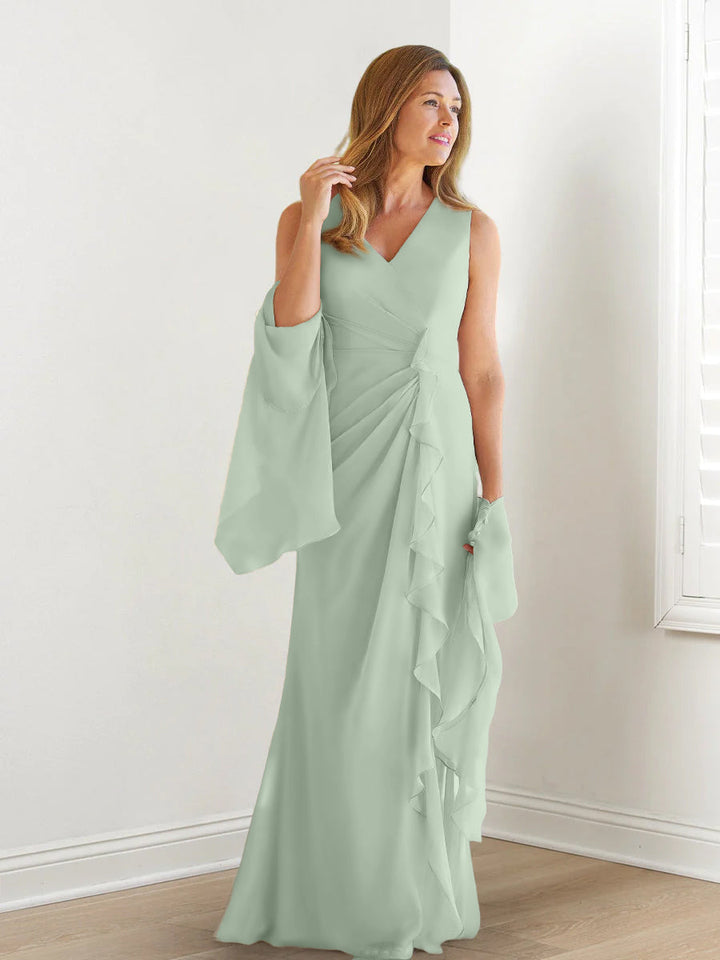 Robe de Mère de la Mariée Fourreau/Colonne à Col en V Sans Manches, Longueur Au Sol, avec Enveloppes et Volants
