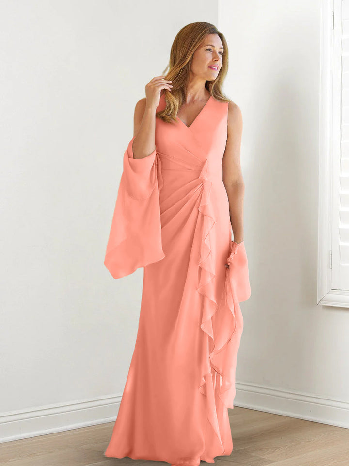 Robe de Mère de la Mariée Fourreau/Colonne à Col en V Sans Manches, Longueur Au Sol, avec Enveloppes et Volants