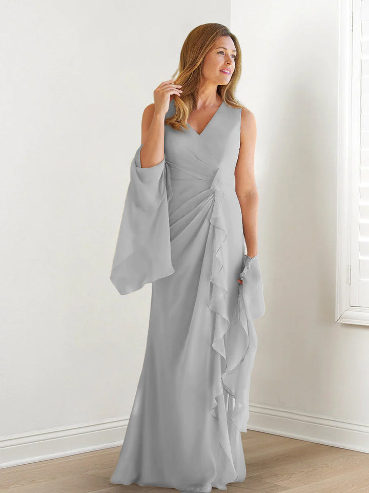 Robe de Mère de la Mariée Fourreau/Colonne à Col en V Sans Manches, Longueur Au Sol, avec Enveloppes et Volants