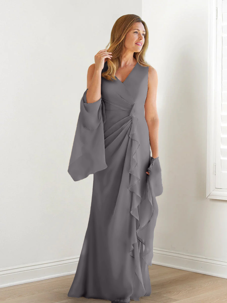 Robe de Mère de la Mariée Fourreau/Colonne à Col en V Sans Manches, Longueur Au Sol, avec Enveloppes et Volants