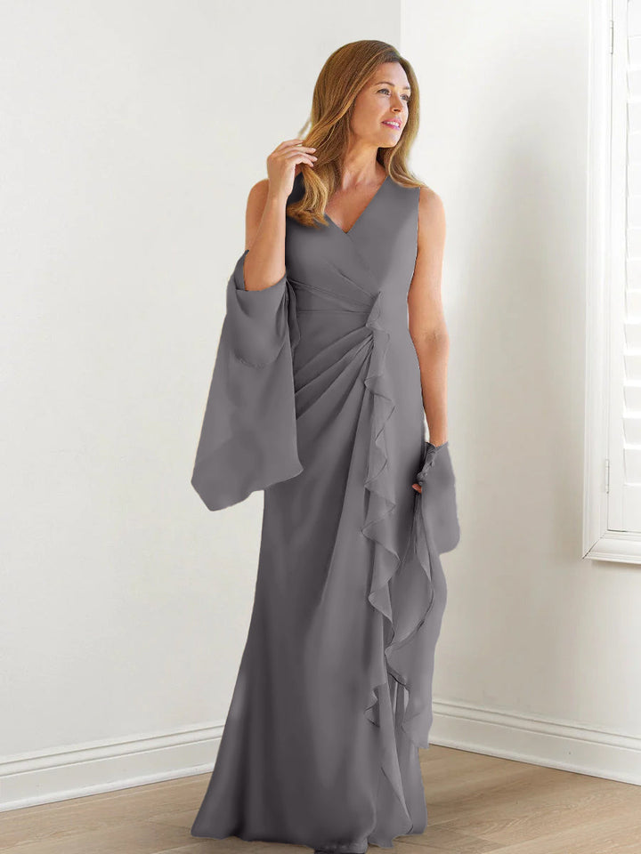 Robe de Mère de la Mariée Fourreau/Colonne à Col en V Sans Manches, Longueur Au Sol, avec Enveloppes et Volants