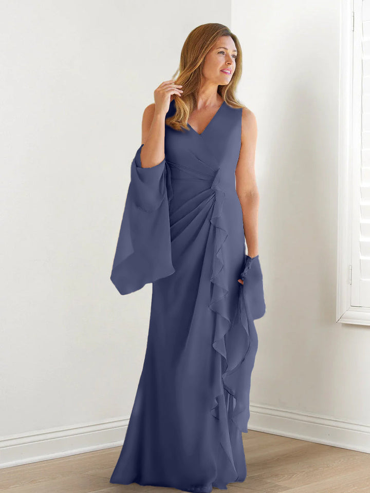 Robe de Mère de la Mariée Fourreau/Colonne à Col en V Sans Manches, Longueur Au Sol, avec Enveloppes et Volants