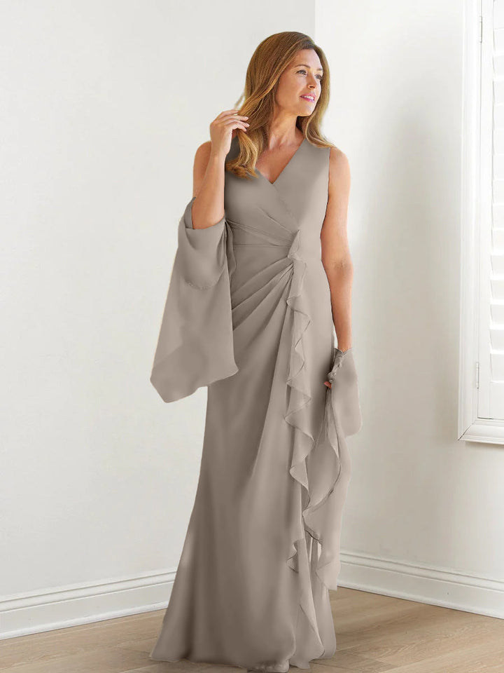 Robe de Mère de la Mariée Fourreau/Colonne à Col en V Sans Manches, Longueur Au Sol, avec Enveloppes et Volants