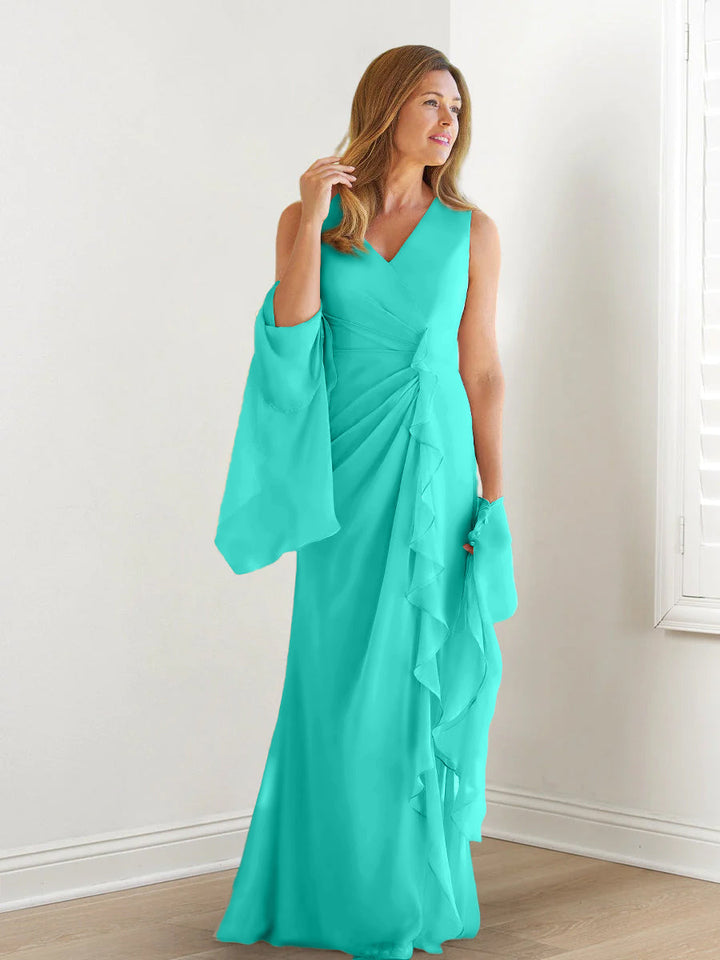 Robe de Mère de la Mariée Fourreau/Colonne à Col en V Sans Manches, Longueur Au Sol, avec Enveloppes et Volants