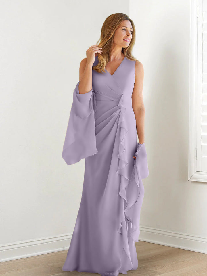 Robe de Mère de la Mariée Fourreau/Colonne à Col en V Sans Manches, Longueur Au Sol, avec Enveloppes et Volants