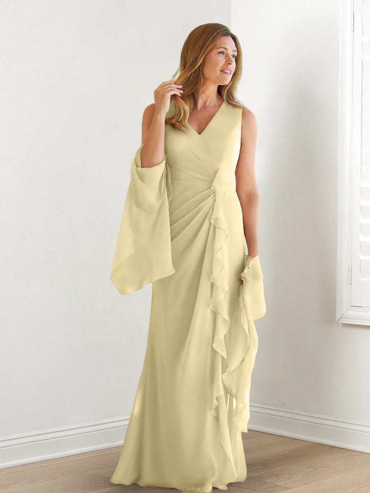 Robe de Mère de la Mariée Fourreau/Colonne à Col en V Sans Manches, Longueur Au Sol, avec Enveloppes et Volants