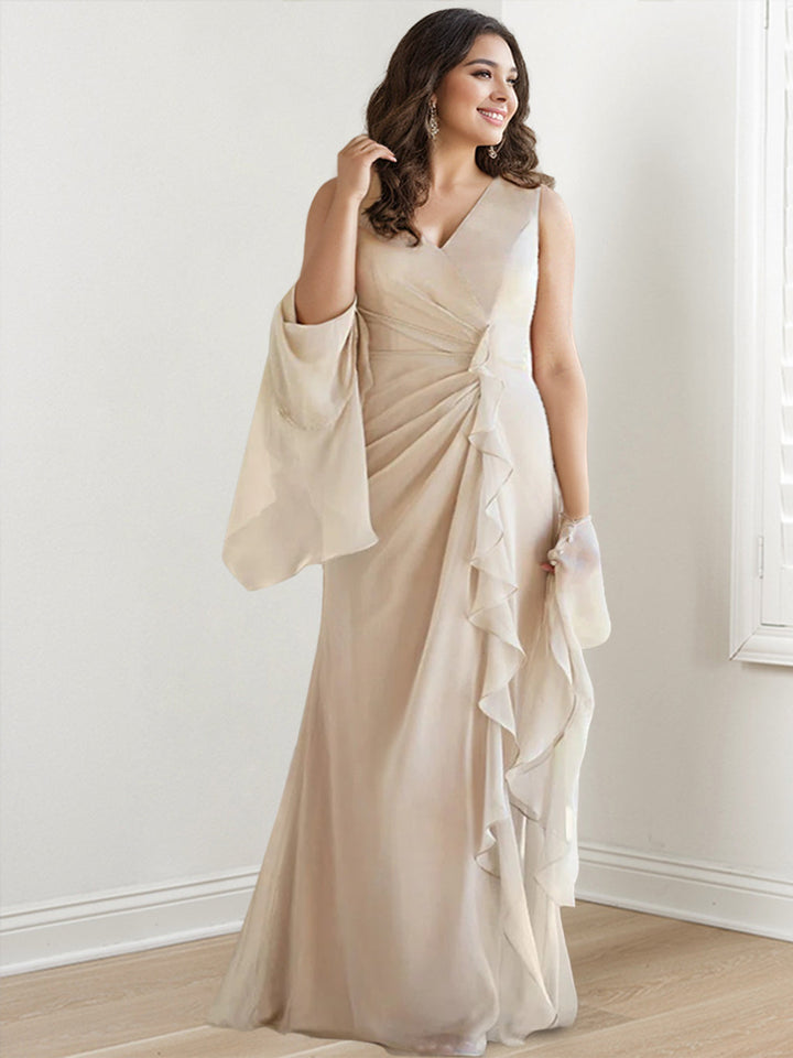 Robe de Mère de la Mariée Grande Taille, Fourreau/Colonne, Col en V, Sans Manches, Longueur Au Sol, avec Enveloppes et Volants
