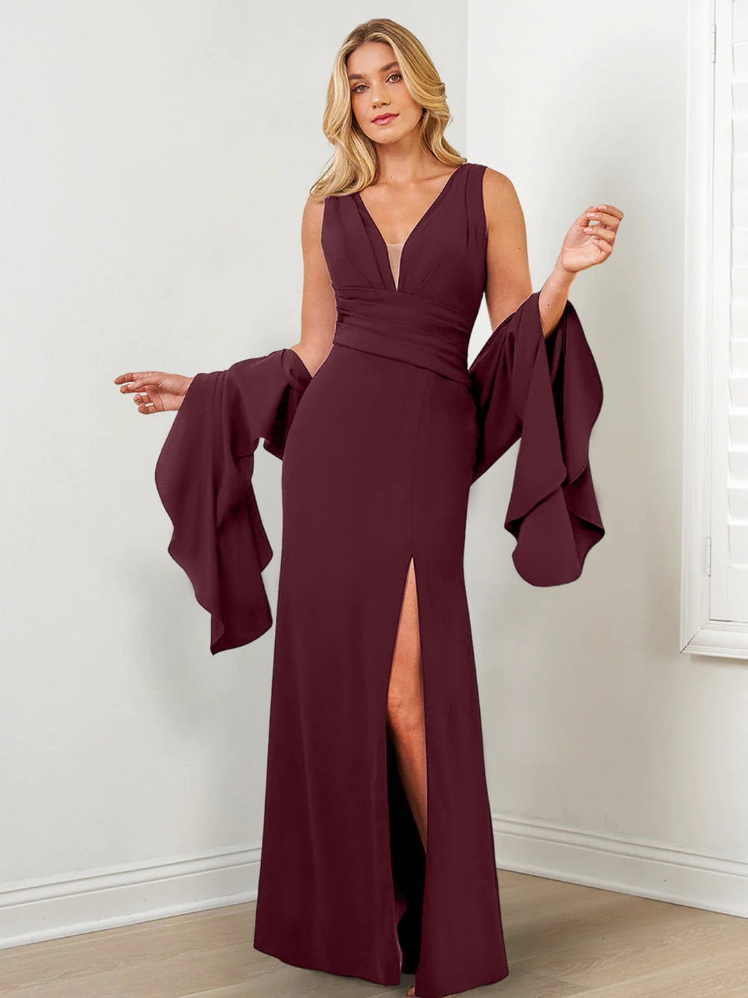 Robes de Mère de la Mariée à Col en V, Fourreau/Colonne, avec Enveloppes et Fentes Sur le Côté