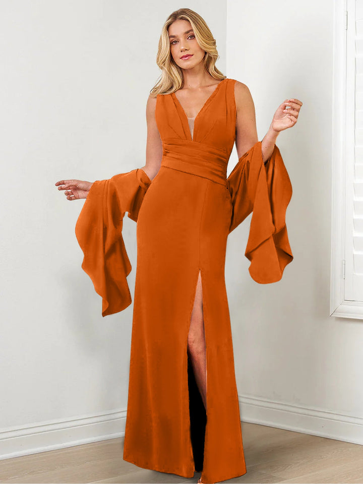 Robes de Mère de la Mariée à Col en V, Fourreau/Colonne, avec Enveloppes et Fentes Sur le Côté