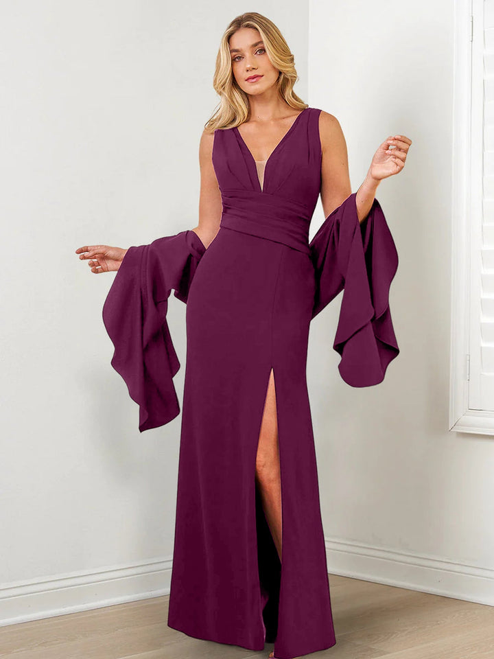 Robes de Mère de la Mariée à Col en V, Fourreau/Colonne, avec Enveloppes et Fentes Sur le Côté